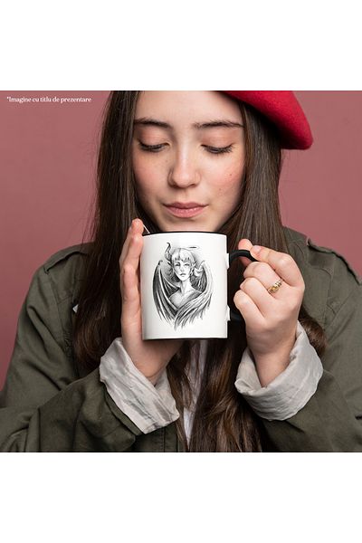 StoryGift Romania Mug With Angel, Demon, Wings, Woman, Duality, Horn, Black and White 330 ml, Ceramic, With ,STG.