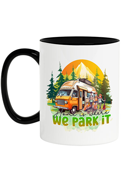 StoryGift Romania Cana cu mesajul "Home is where we park it", calatorie, ilustratie, natura, casa , Cu Maner Negru