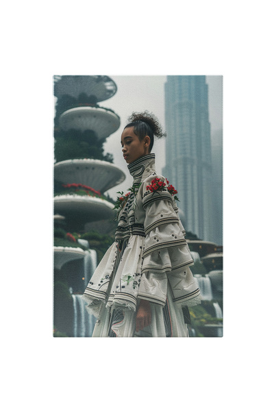 StoryGift Romania Tablou Canvas: Model De Rochie Albă Cu Detalii Negre Și Flo...