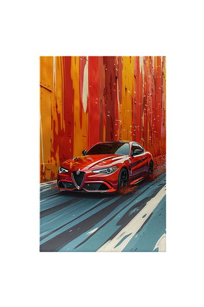 StoryGift Romania Tablou Canvas Fast Red Car Merge Cu Viteza Si Imprastie Vopsea Pe O Strada Albastra Langa Zid