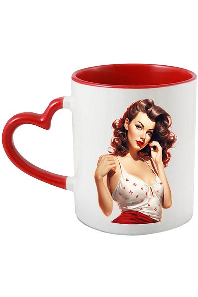 StoryGift Romania Cana cu o femeie frumoasa, ilustratie, stil retro, vechi, de moda veche, par sat, Cu Maner Inim STG