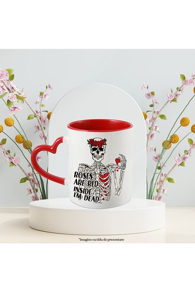 StoryGift Romania Mug with a skeleton with the message "Roses are red,/ Inside I'm dead", roses, red, With ,STG