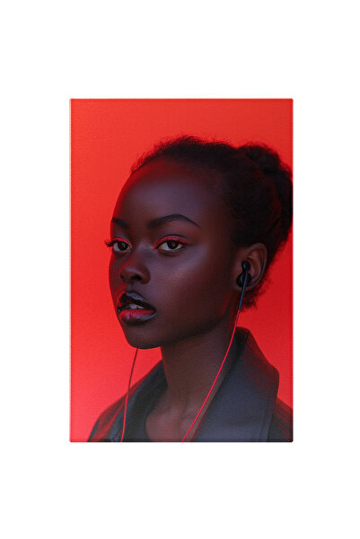 StoryGift Romania Tablou Canvas Tanara Fata Cu Pielea Neagra Cu Parul Prins In Coc Si Fard Roz La Ochi Asculta M