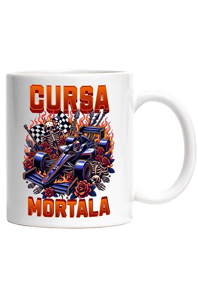StoryGift Romania Cana cursa mortala schelete campion formula 1 viteza, 330ml, Ceramic cu Maner Al, Cu Maner Alb STG