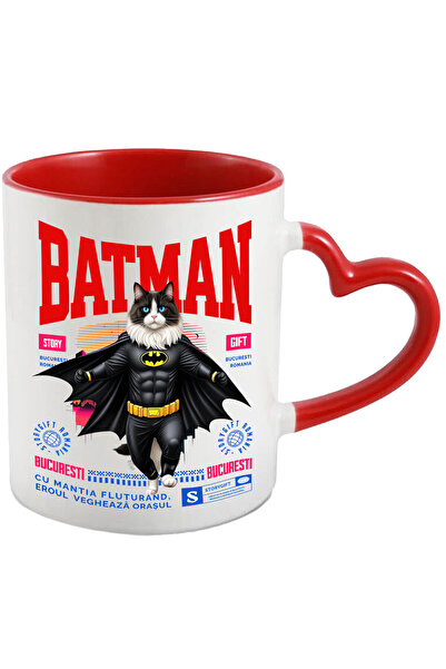 StoryGift Romania Cana cu Ragdoll Pisica In Costum de BatMan cu Pelerina, Erou Nocturn, Desene ani, Cu Maner Inim STG