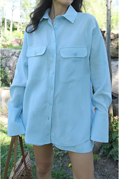 Havoş Cămașă albastră din in brut cu buzunar frontal