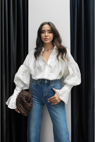 Havoş Ecru Scallop Shirring and Sleeve Detailed Shirt