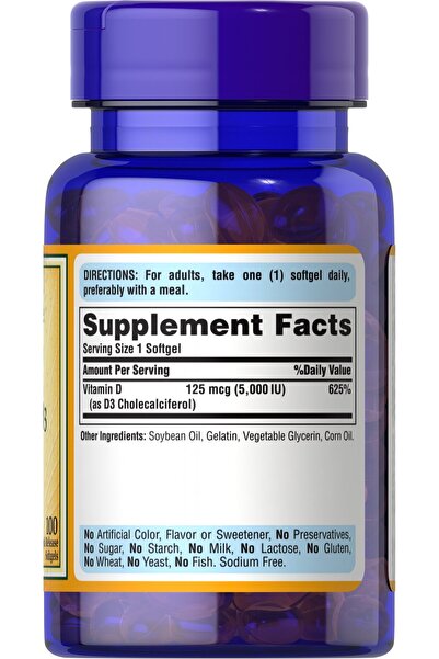 Puritan 's Pride Vitamin D3 125 mcg (5000 IU), 100 Softgels