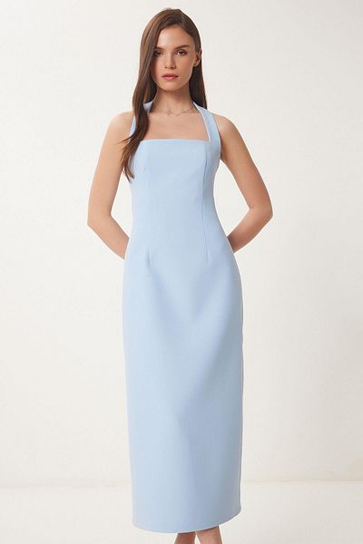 Glysso Halter Neck Slit Midi Dress Baby Blue