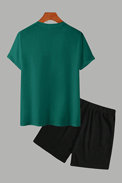 MELADYAN Rhythm Mountain Printed Green T-Shirt Black Shorts Bottom Top Set