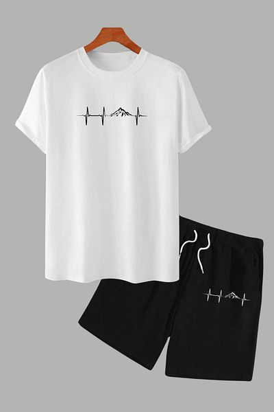 MELADYAN Rhythm Mountain Printed White T-Shirt Black Shorts Bottom Top Set