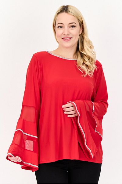 ny collection Women Round Neck Bell Sleeves Embellished Blouse, Red