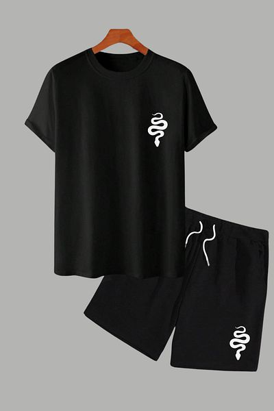 MELADYAN Snake Printed Black T-Shirt Black Shorts Bottom Top Set