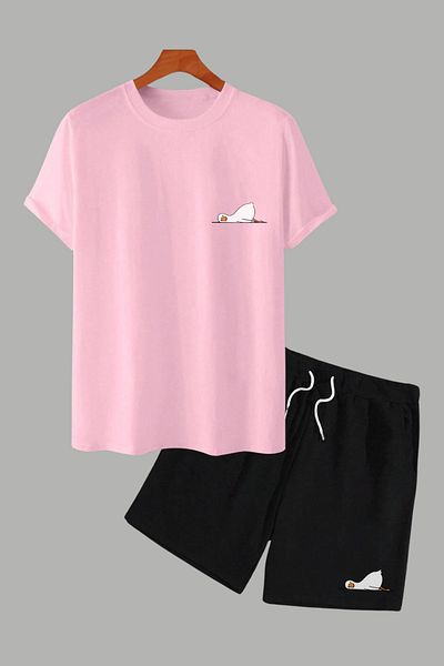 MELADYAN Lying Duck Printed Pink T-Shirt Black Shorts Bottom Top Set