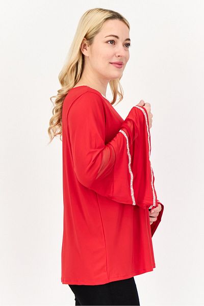 ny collection Women Round Neck Bell Sleeves Embellished Blouse, Red