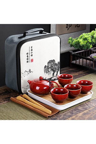 Choice Four-piece Set Red With Travelling Bag 4 Cups Chinese Kung Fu Tea Set Travel Set Ceramic Portable Te