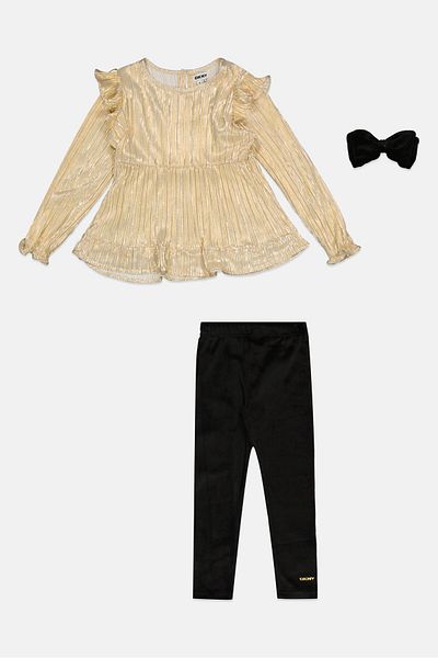 Dkny Toddlers Girl 2 Pcs Metallic Top And Pants Set With Scrunchie, Multicolor