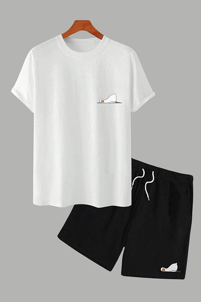 MELADYAN Lying Duck Printed White T-Shirt Black Shorts Bottom Top Set