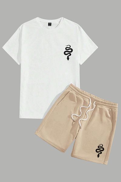 MELADYAN Snake Printed White T-Shirt Beige Shorts Bottom Top Set