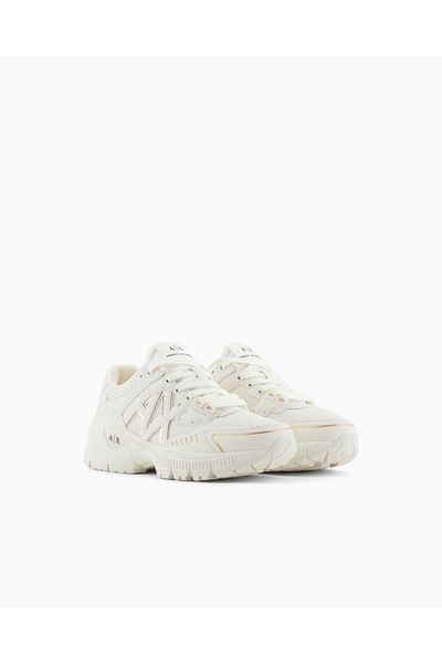 Armani Exchange Women's Comfortable High Sole Ax Logo with Breathable Mesh on Top White-Gold Sneaker Xdx195 Xv944-Q308