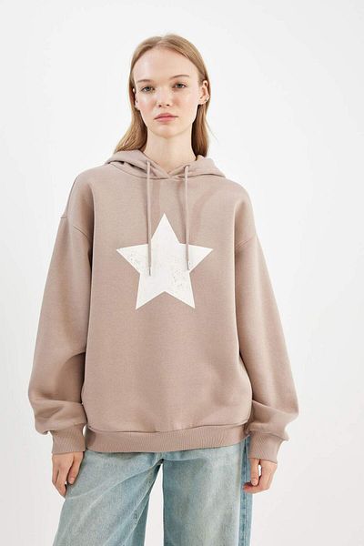 DeFacto Cool Oversize Φαρδιά Εφαρμογή με κουκούλα πίσω εμπριμέ χοντρό φούτερ C7858AX24WN