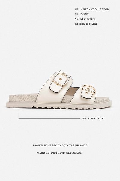 NİŞANTAŞI SHOES Papuci de damă Simon Beige șifonați, mat, cu două catarame, cu talpă plată