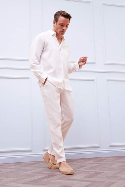 DeFacto 100% Linen Regular Fit Polo Collar Summer Basic Plain Long Sleeve White Shirt C1825Ax25Sm