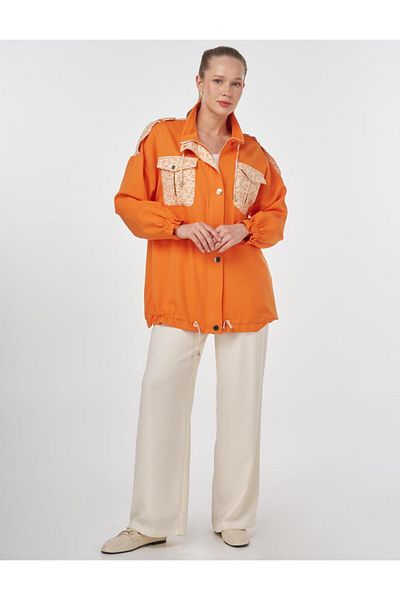 Kayra Stand Collar Garnished Jacket Orange