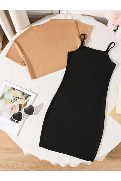 DLRboutique Cotton New York Print Top Light Brown Crop - Bottom Black Dress