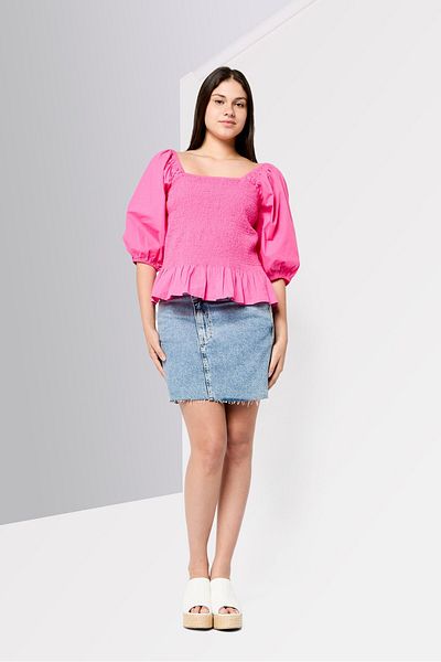 Scotch & Soda Women Square Neck 3/4 Sleeves Textured Blouse, Fuchsia
