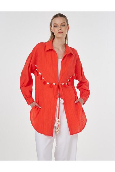 Kayra Seashell Embroidered Cotton Tunic Coral