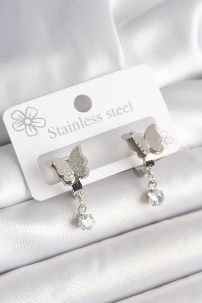 Skygo 316L Steel Silver Color Dangle Zircon Stone Silvery Butterfly Model Women's Earrings - Tj-Bkp10421