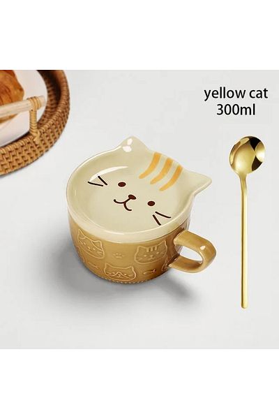Choice 301-400ml yellow cat Japanese Cartoon Cat Coffee Mug With Animal Cat Pattern Lid Small Dish Cute Bre