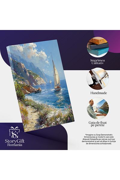 StoryGift Romania Tablou Canvas Peisaj Linistitor Cu Marea Albastra Pe Care Se Plimba Barcile Si Stancile Mari C