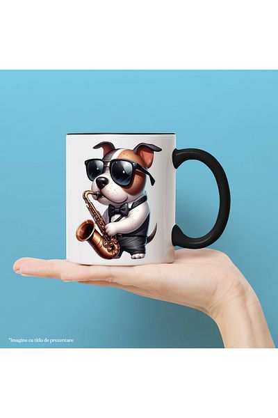 StoryGift Romania Mug with a dog playing the saxophone | illustration | glasses | musical instrument, Cu,STG