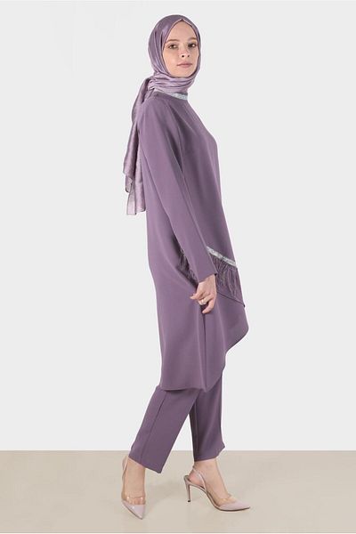 Alvina Stone and Feather Detailed Double Pants Set - 30204