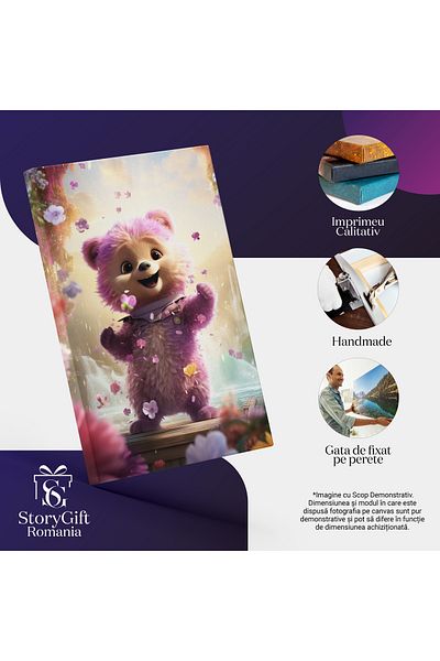 StoryGift Romania Tablou Canvas: Teddy Bear Cute Ursulet Mic Si Mov-roz Fericit Inconjurat De Floricele Si Apa
