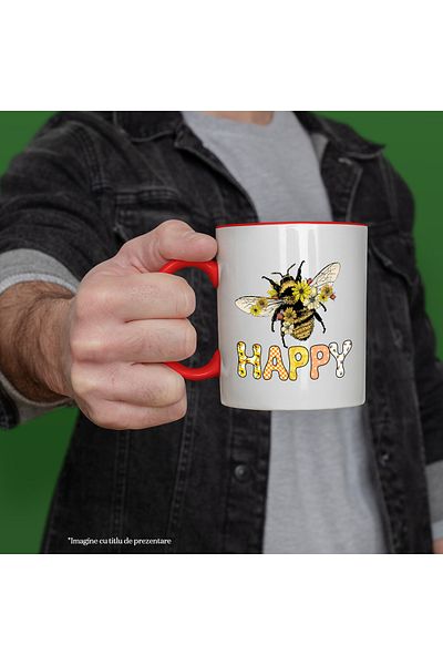 StoryGift Romania Mug with the message "Happy", illustration, motivational, happiness, joy, bee, fl, With ,STG