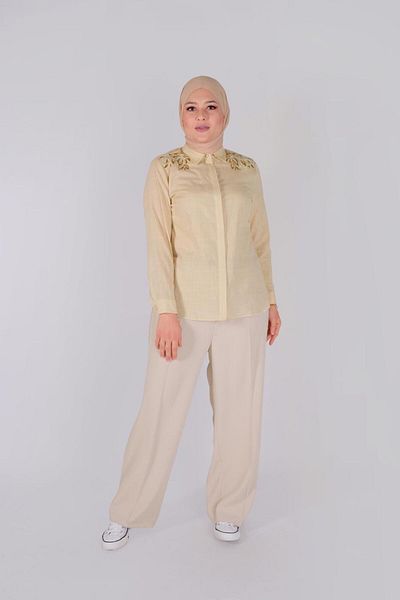 TRENDTESETTÜR Γυναικείο Καφέ (CAMEL) Βαμβακερό τουνίκ με κέντημα στους ώμους 20048