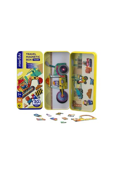 Mieredu Puzzle magnetic in cutie metalica, joc de potrivire si asociere - Camioane