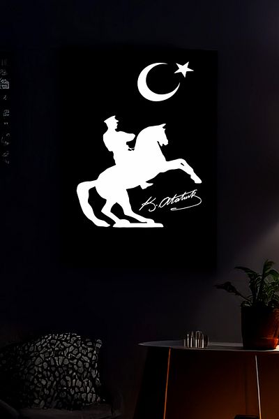 Angels Passion Ataturk Silhouette on Horse with Reflector Detail, Moon Star and Atatürk Signature Matte Wall Painting