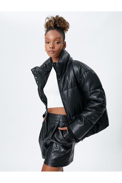 Koton Puffer Jacket Leather Look Stand Collar Zipper and Snap Closure Pockets