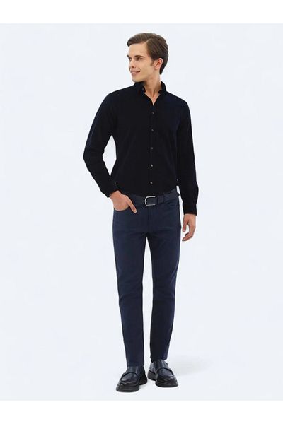 Kip Navy Blue Woven Slim Fit Casual Cotton Blend Trousers