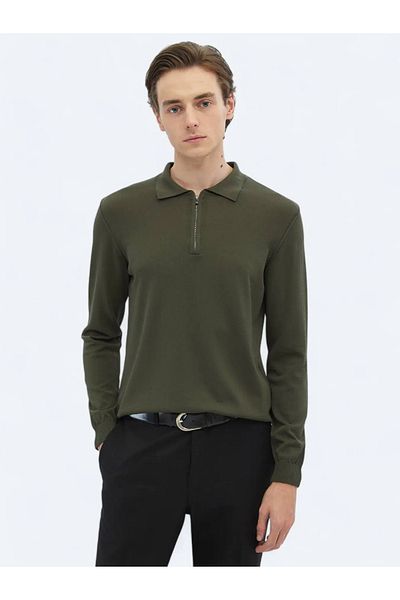 Kip Khaki Polo Neck Plain Knit Sweater