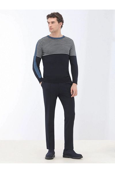 Kip Light Navy Blue Crew Neck Striped Cotton Blended Sweater Sweater