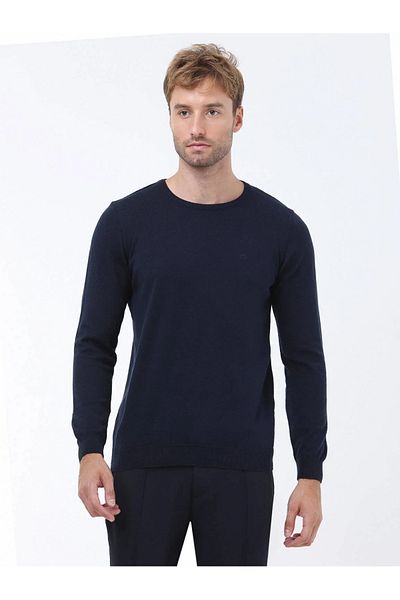 Kip Navy Blue Crew Neck Cotton Blended Sweater