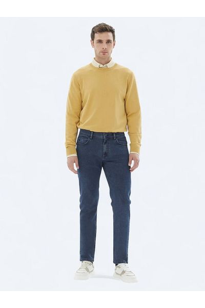Kip Navy Blue Slim Fit Denim-Cotton Blend Trousers