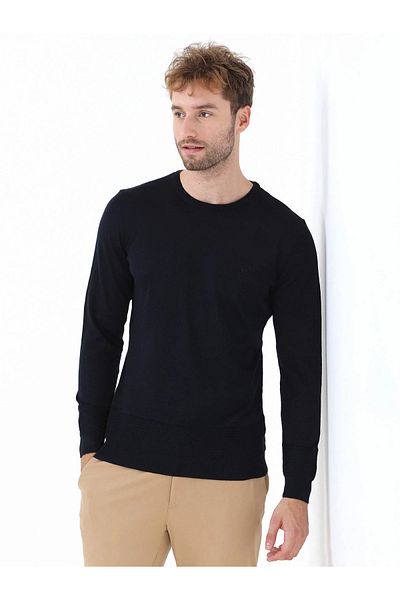 Kip Navy Blue Crew Neck Wool Blended Sweater