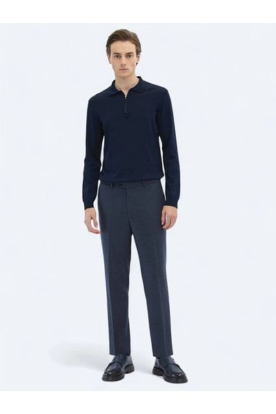 Kip Light Navy Blue Plain Woven Fitted Fit Classic Trousers