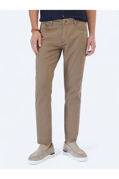 Kip Hazelnut Plain Weave Slim Fit Casual Cotton Blend Trousers